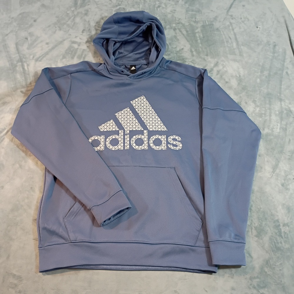 Adidas Climawarm Hoodie Mens Large Blue Graphic Logo Pullover Sweatshirt 0758
